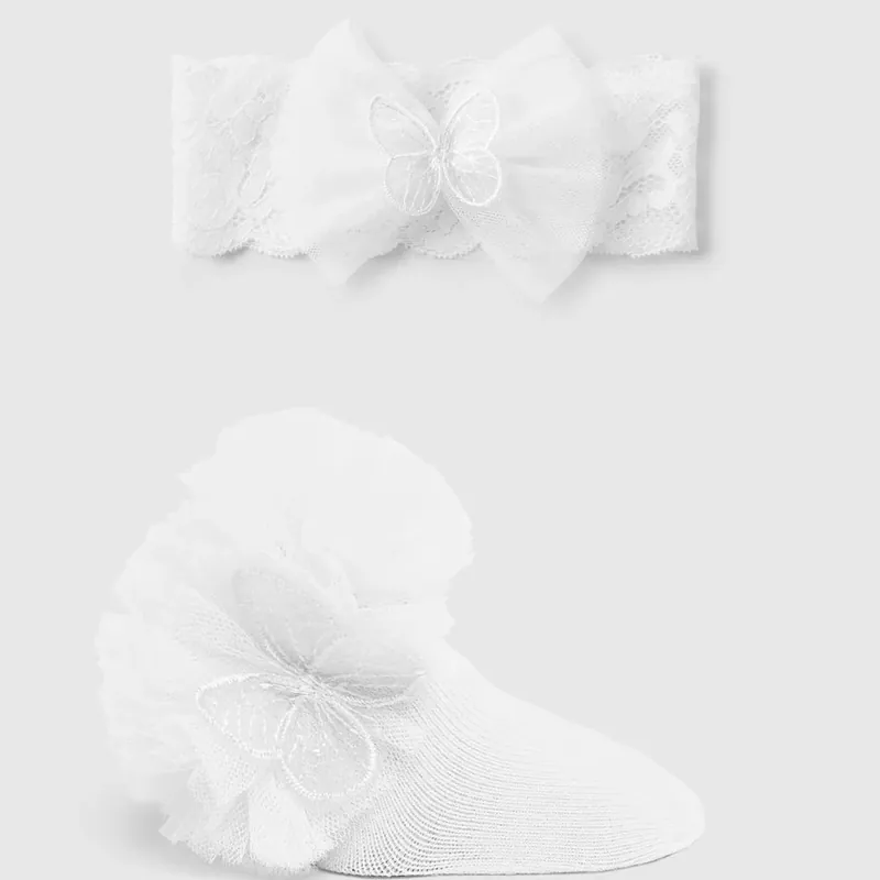 Billig Mayoral babysockor och babyhårband med rosett, krämfärgat