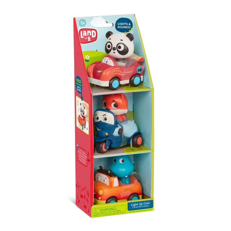 Handla nu B.Toys Set med 3 mjuka sensoriska bilar med passagerare Ljud och ljus