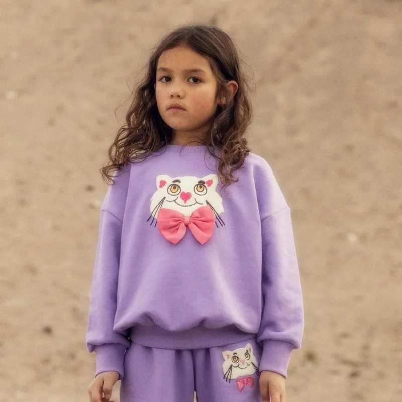 Mini Rodini Barnens sweatshirt Katt med fluga Lila Handla nu