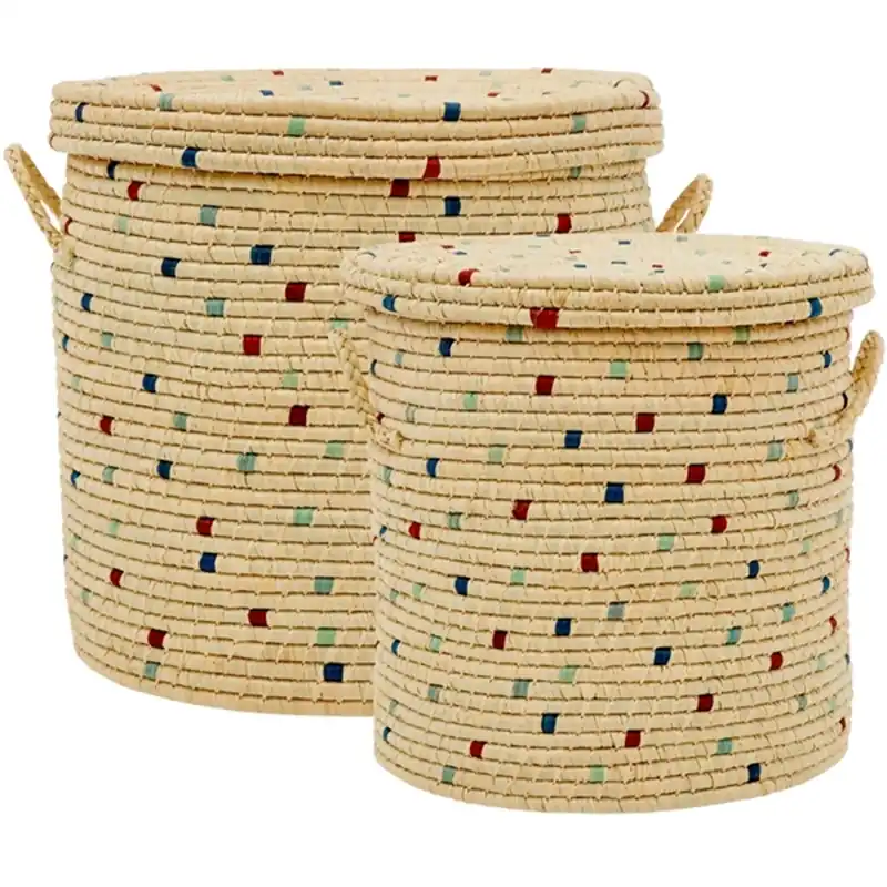RICE Blue Details Rund Raffia Förvaringskorg 2-pack Fynd
