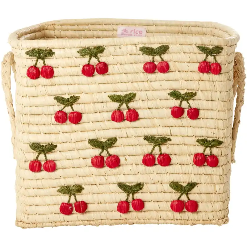 Beställ idag Rice Raffia Square Korg Med Small Cherries All Över Embroidery - Raffia Handles