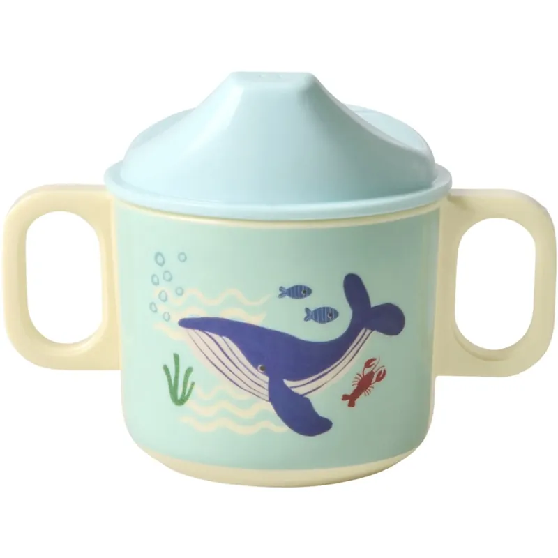 Beställ idag Rice Blue Ocean Print Melamine 2 Handle Baby Kopp With Lid 250 Ml