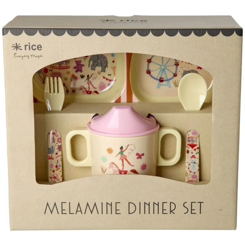 Rea Rice Pink Fun Fair Print Melamine Baby Dinner Sett In Gift Box 4 Pcs
