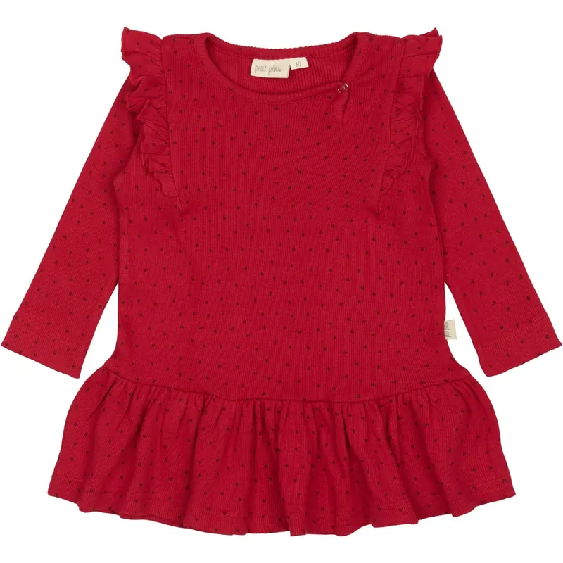 Sänkt pris Petit Piao Jet Red/Biking Red Klänning L/S Frill Modal Heart