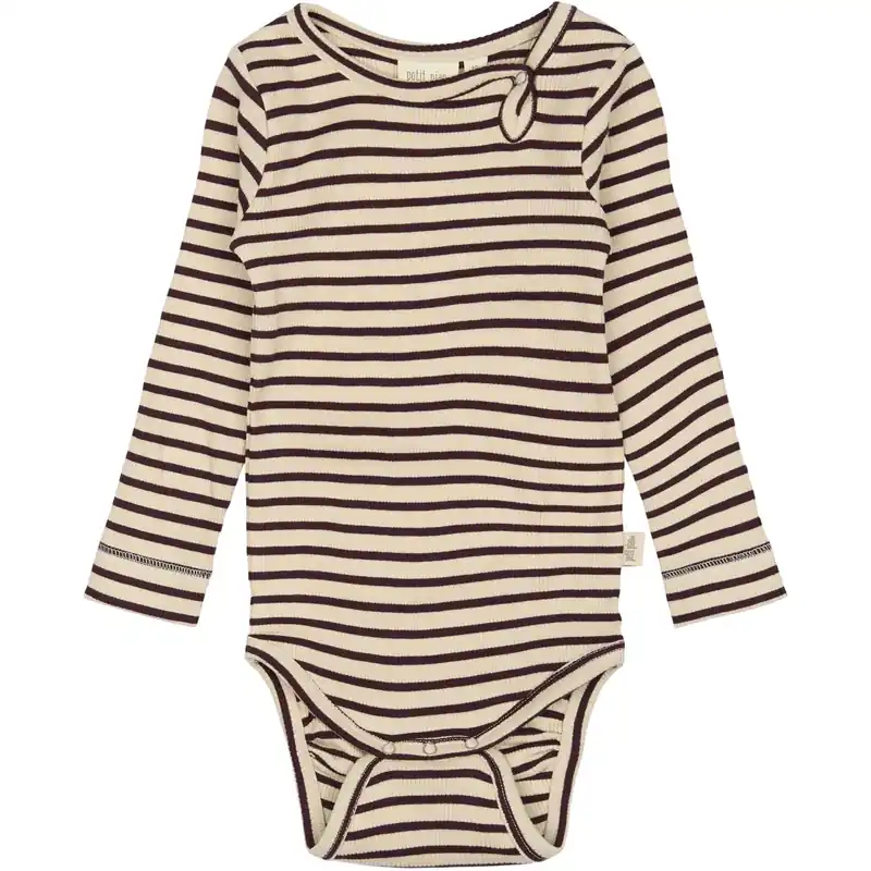 Petit Piao Dark Grape/off White Body L/S Modal Striped Begränsat erbjudande
