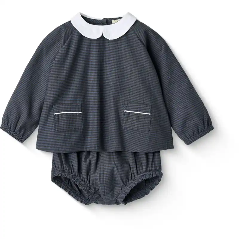COPENHAGEN COLORS Brown/Blue Check Comb. Checkered Baby-Set W. Blus Och Bloomer Begränsat erbjudande