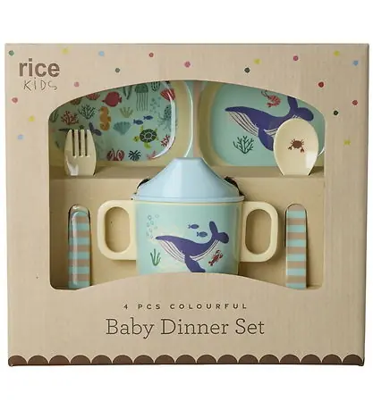 Rice Middagsset - Melamin - 4 Delar - Blå Ocean Tryck Fynd