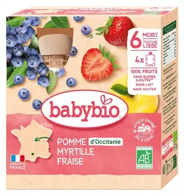 Rabatter Babybio Äpple Blåbär Jordgubb 6 Månader och + Ekologisk 4 Klämmisar à 90 g