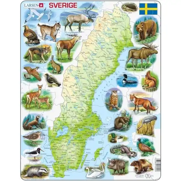 Larsen Pussel 71 bitar, karta Sverige och delar av vårt djurliv Lågt pris