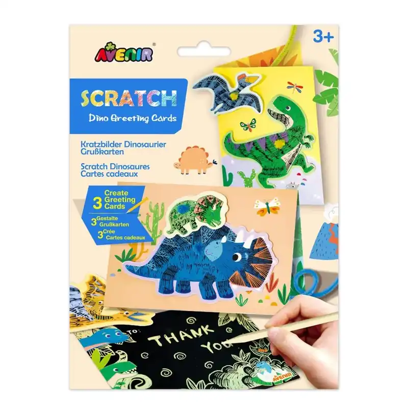 Scratch – gratulationskort – dinosaurier, 3 st. Beställ idag